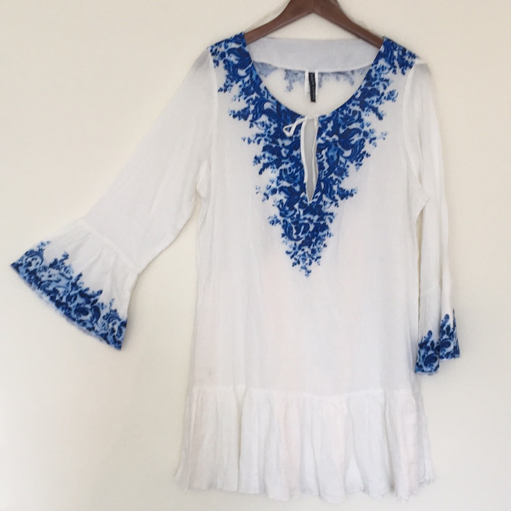 NWOT Ralph Lauren Blue/White Flower Printed Swim Cover Up Tunic Dress